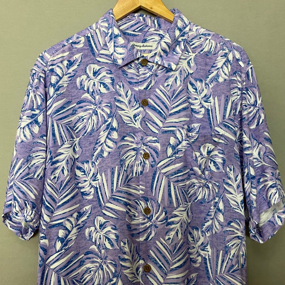 Tommy Bahama Shirt Men Large Purple Tropical Palm Leaf Print Viscose Button-Up - Picture 3 of 11